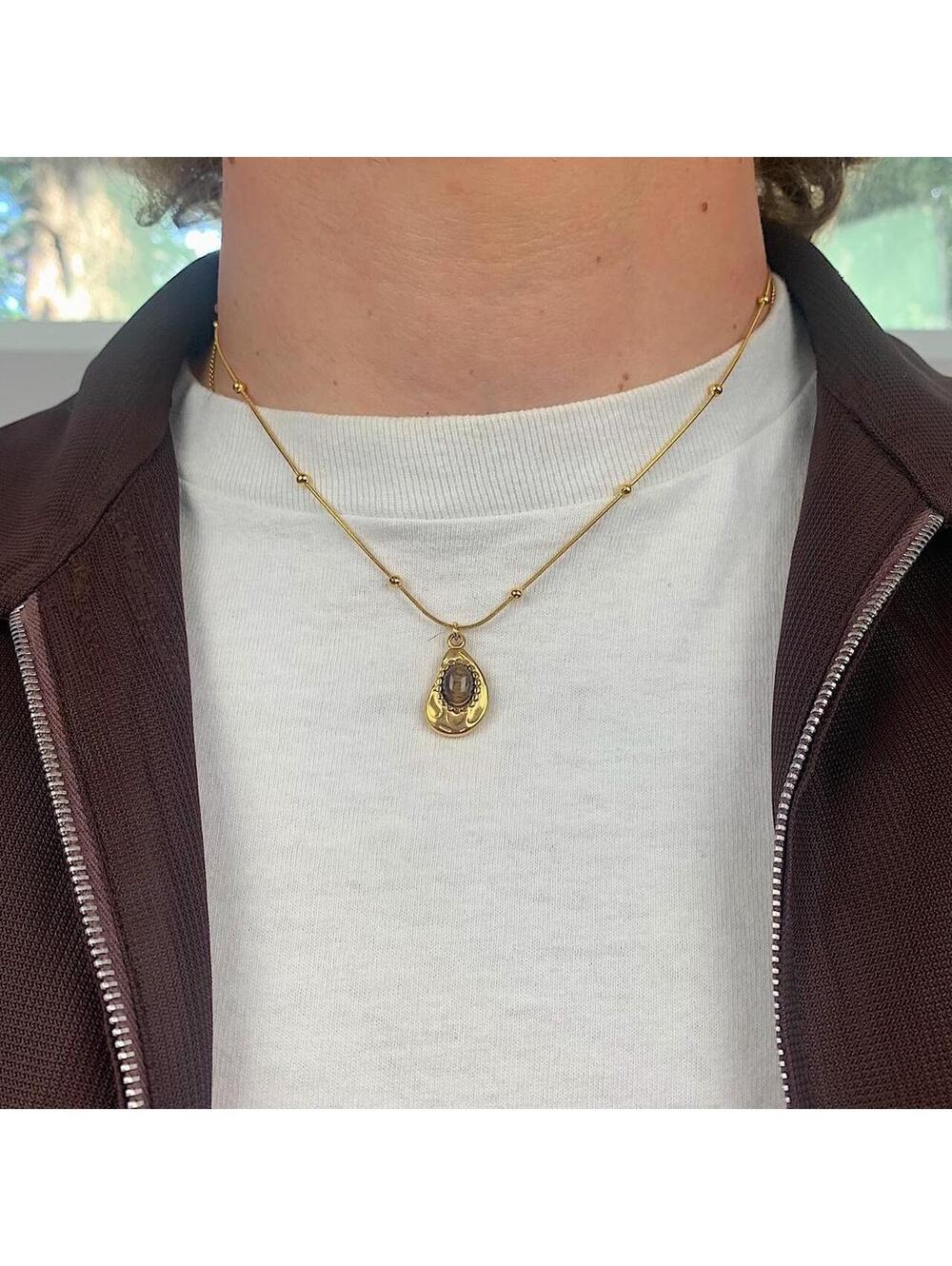 Minimalistic Vintage Style Tiger Eye Stone Gold plated stainless steel necklace - Picture 2 of 8